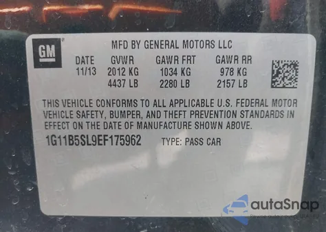 2014 Chevrolet Malibu 1Ls z USA, uszkodzony, nr VIN 1G11B5SL9EF175962